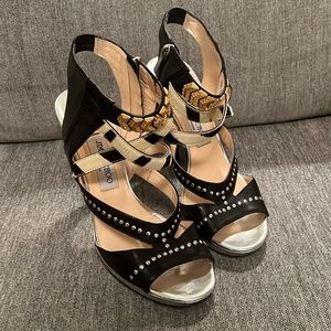 Jimmy Choo black leather strappy heels with pony hair stud details. Euro 40.